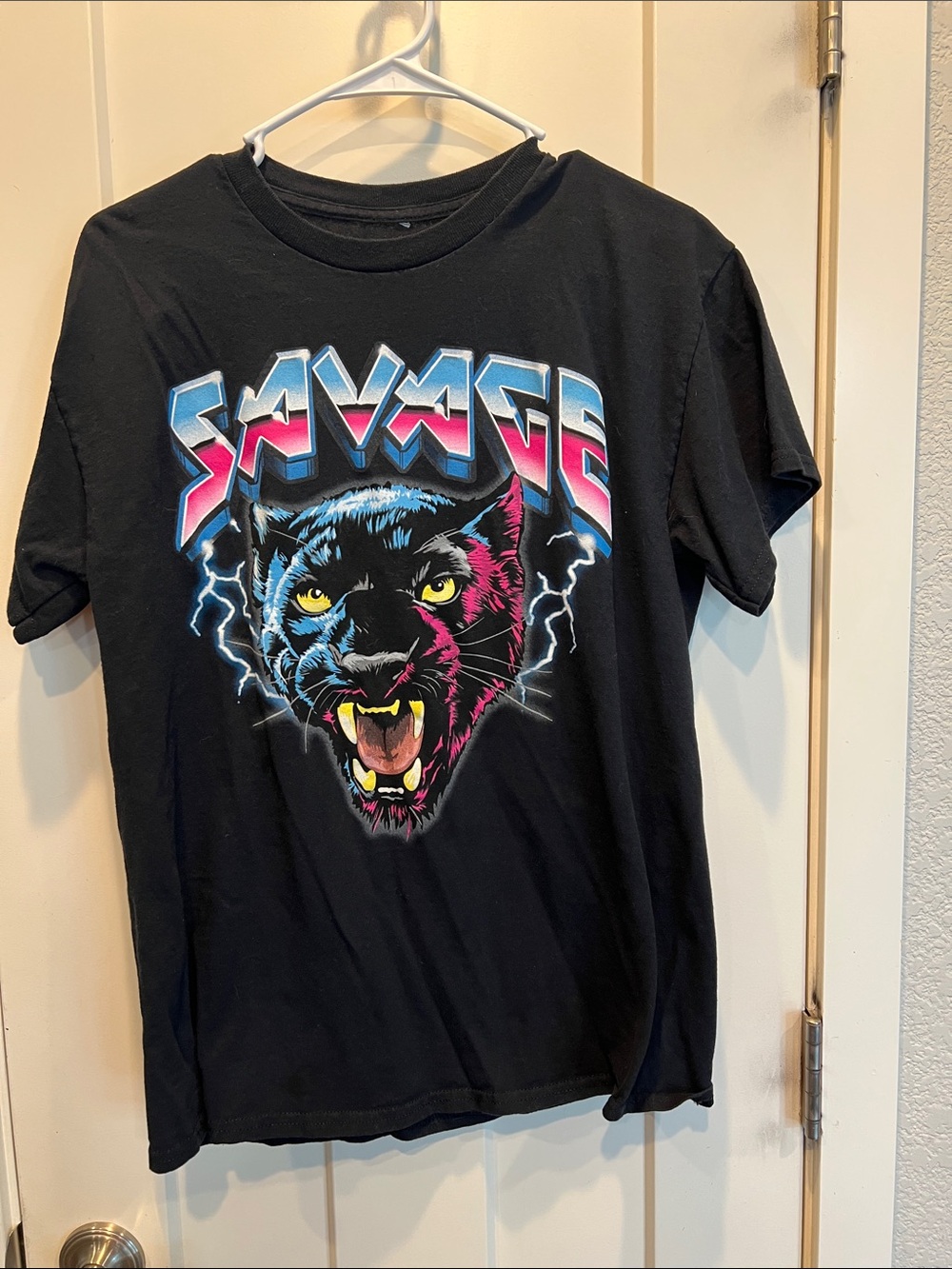 Black 'Savage' Graphic Tee with Neon Panther